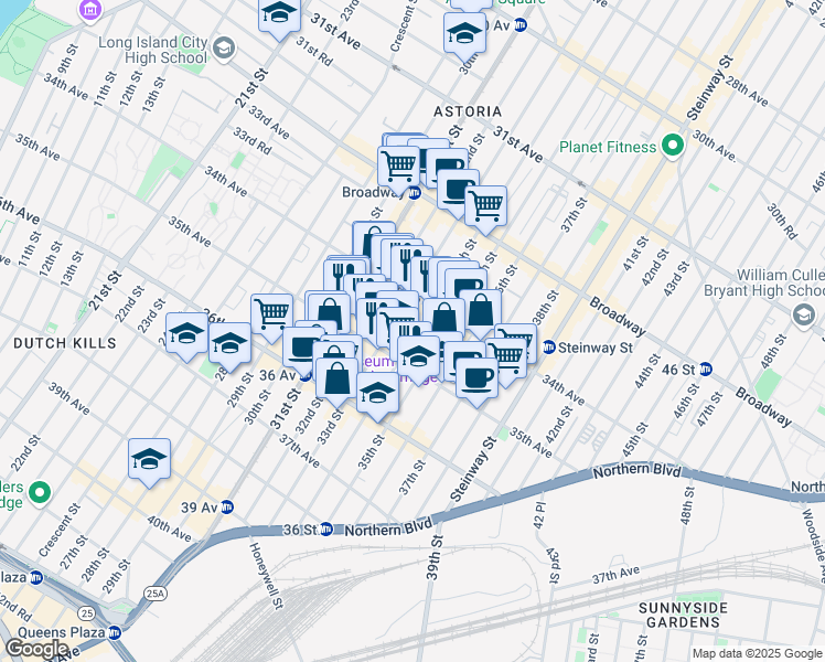 map of restaurants, bars, coffee shops, grocery stores, and more near 34-29 33rd Street in Queens