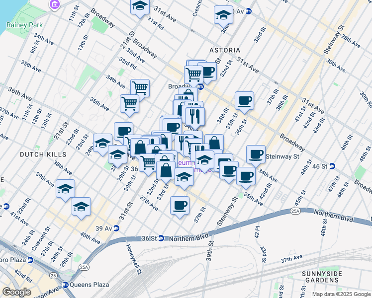 map of restaurants, bars, coffee shops, grocery stores, and more near 34-56 33rd Street in Queens