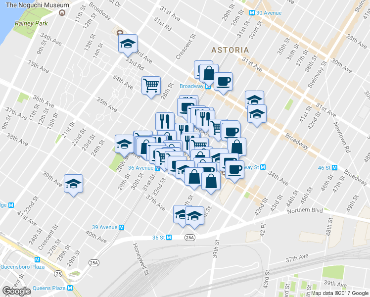 map of restaurants, bars, coffee shops, grocery stores, and more near 34-56 33rd Street in Queens