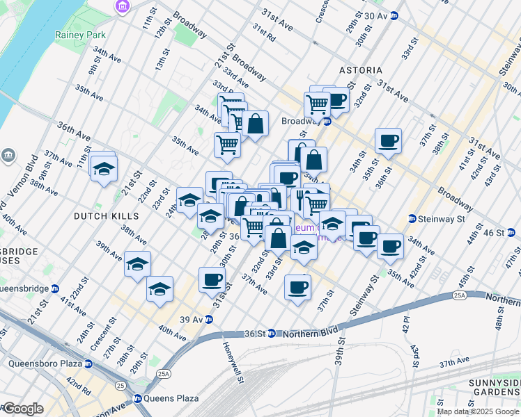 map of restaurants, bars, coffee shops, grocery stores, and more near 30-14 35th Avenue in Queens