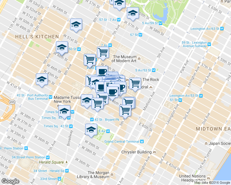 map of restaurants, bars, coffee shops, grocery stores, and more near in New York