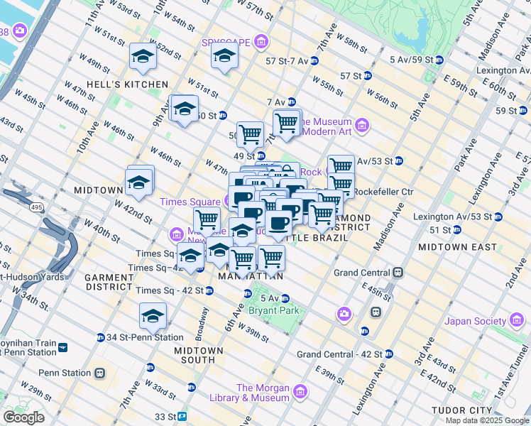 map of restaurants, bars, coffee shops, grocery stores, and more near 60 East 42nd Street in New York
