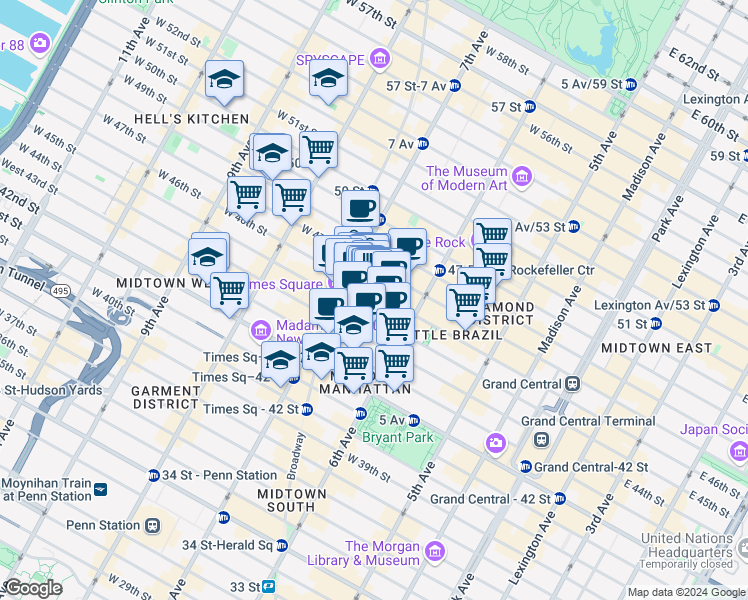map of restaurants, bars, coffee shops, grocery stores, and more near 120 West 46th Street in New York