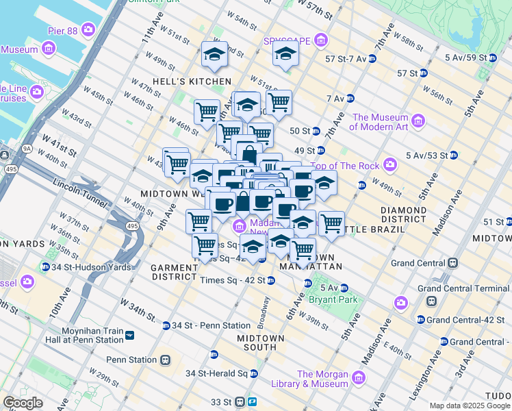 map of restaurants, bars, coffee shops, grocery stores, and more near 225 Shubert Alley in New York