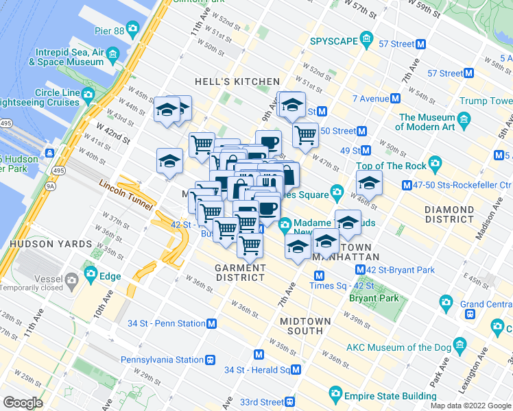 map of restaurants, bars, coffee shops, grocery stores, and more near in New York
