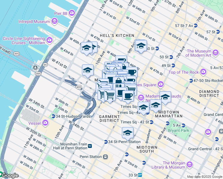 map of restaurants, bars, coffee shops, grocery stores, and more near in New York