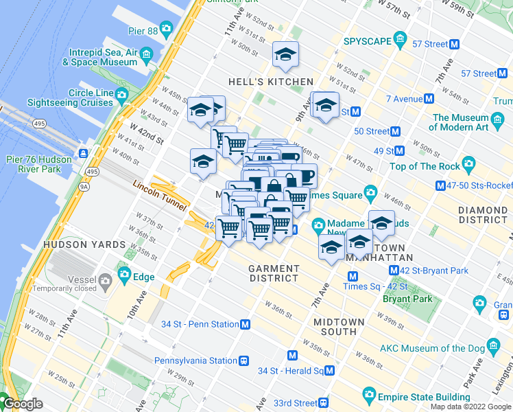 map of restaurants, bars, coffee shops, grocery stores, and more near 401 West 42nd Street in New York