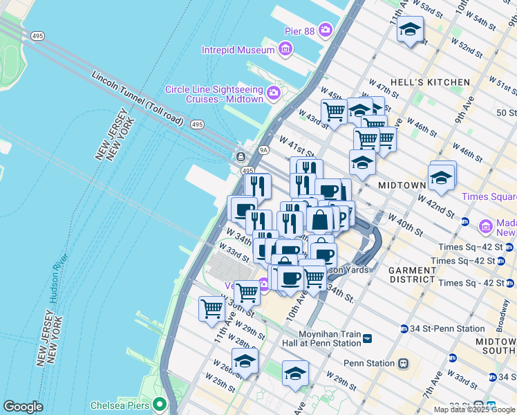 map of restaurants, bars, coffee shops, grocery stores, and more near 655 West 34th Street in New York