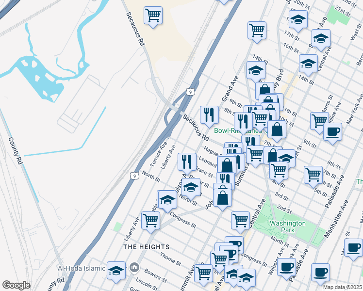 map of restaurants, bars, coffee shops, grocery stores, and more near 299 Columbia Avenue in Jersey City