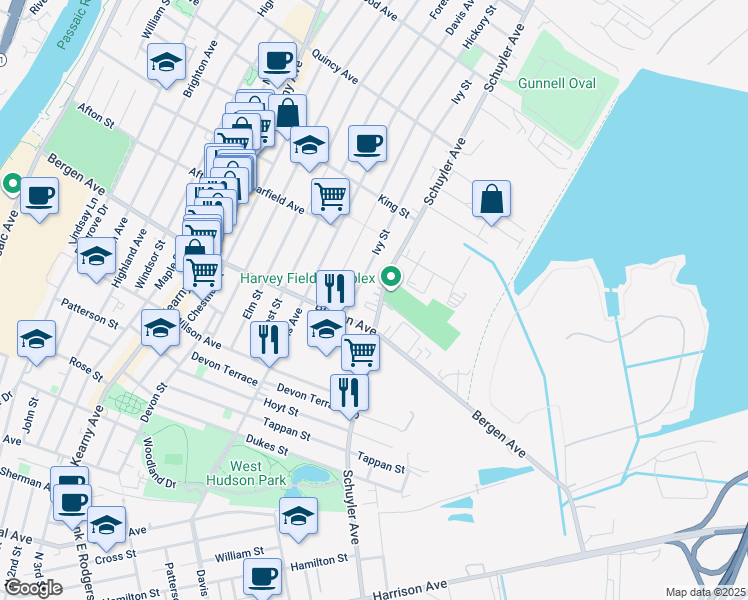 map of restaurants, bars, coffee shops, grocery stores, and more near 90 Ivy Street in Kearny