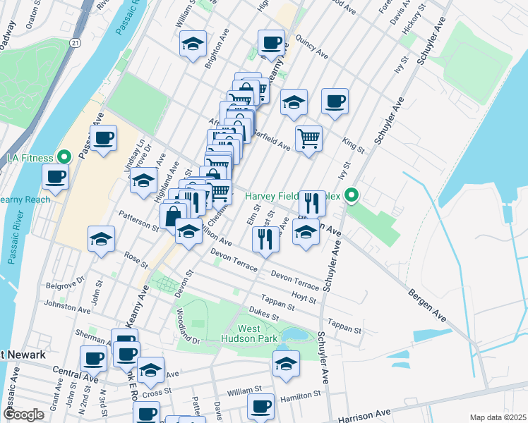 map of restaurants, bars, coffee shops, grocery stores, and more near 206 Bergen Avenue in Kearny