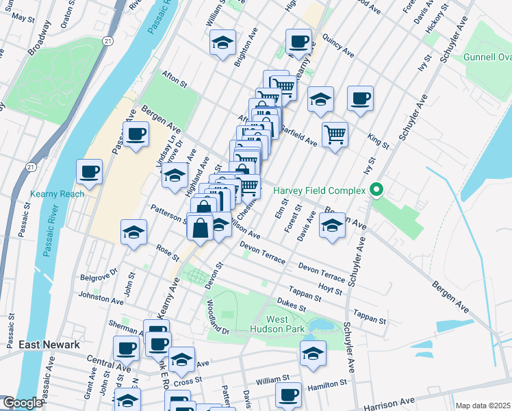 map of restaurants, bars, coffee shops, grocery stores, and more near 211 Devon Street in Kearny