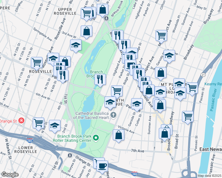 map of restaurants, bars, coffee shops, grocery stores, and more near 28 Highland Avenue in Newark