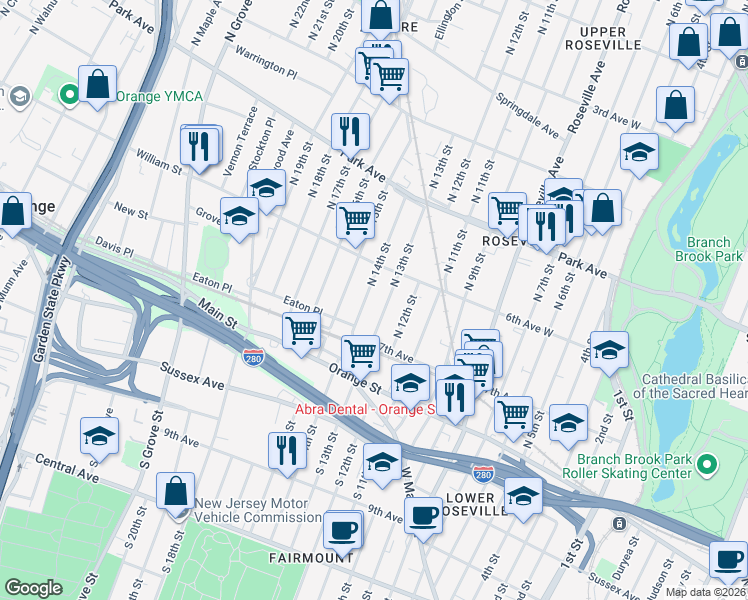 map of restaurants, bars, coffee shops, grocery stores, and more near 69 North 14th Street in East Orange