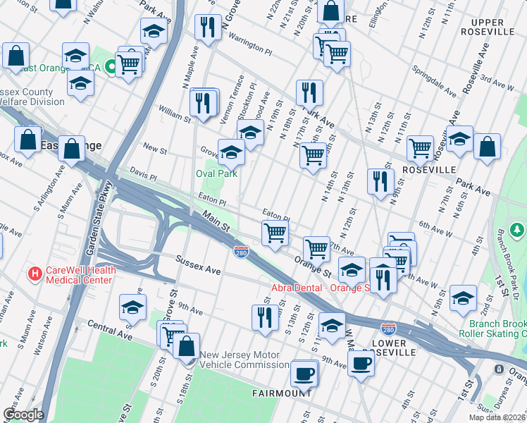 map of restaurants, bars, coffee shops, grocery stores, and more near 64 Eaton Place in East Orange