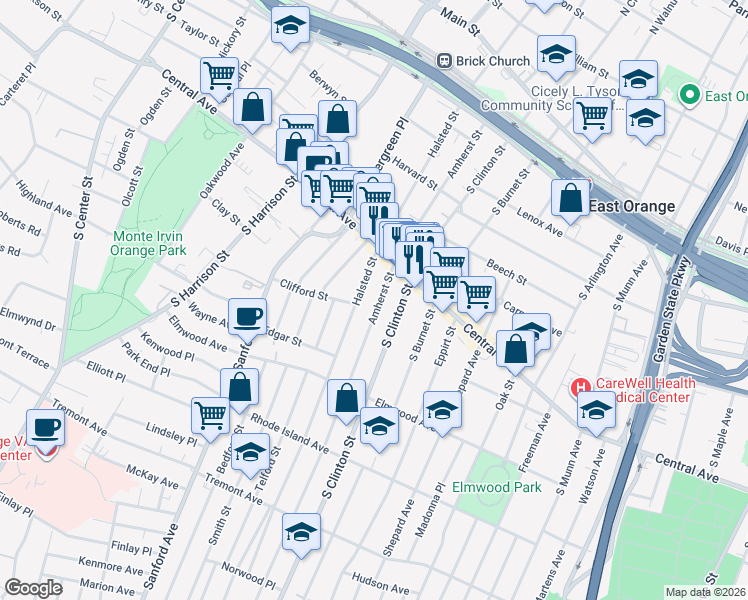 map of restaurants, bars, coffee shops, grocery stores, and more near 206 Amherst Street in East Orange