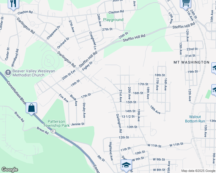 map of restaurants, bars, coffee shops, grocery stores, and more near 1612 Darlington Road in Beaver Falls