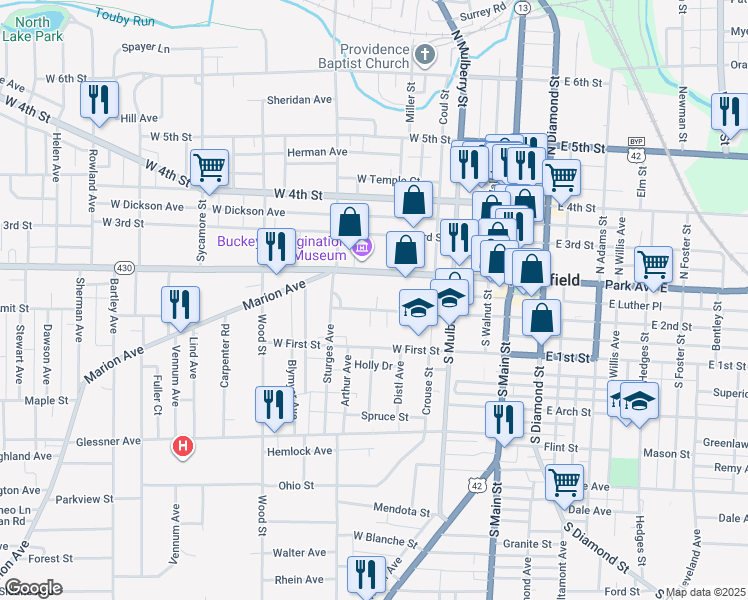 map of restaurants, bars, coffee shops, grocery stores, and more near 142 West 2nd Street in Mansfield