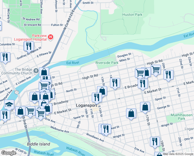 map of restaurants, bars, coffee shops, grocery stores, and more near 1215 High Street in Logansport