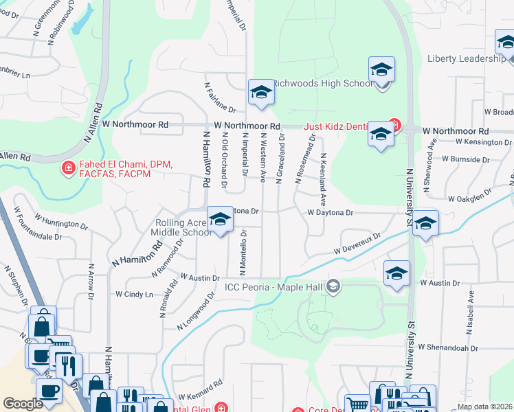map of restaurants, bars, coffee shops, grocery stores, and more near 1903 West Daytona Drive in Peoria