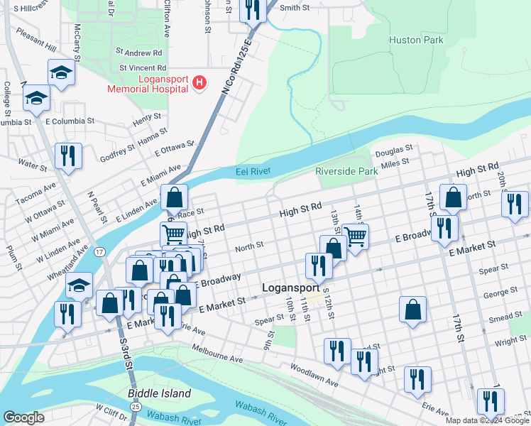 map of restaurants, bars, coffee shops, grocery stores, and more near 928 High Street Road in Logansport