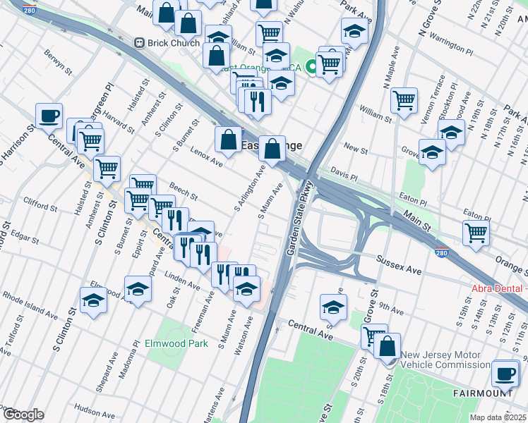 map of restaurants, bars, coffee shops, grocery stores, and more near South Munn Avenue & Chestnut Street in East Orange