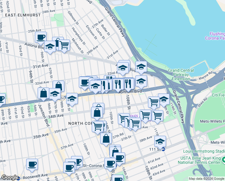 map of restaurants, bars, coffee shops, grocery stores, and more near 32-56 106th Street in Queens