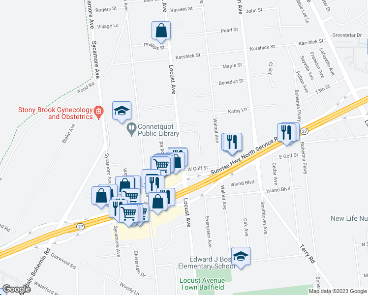 map of restaurants, bars, coffee shops, grocery stores, and more near 677 Locust Avenue in Bohemia