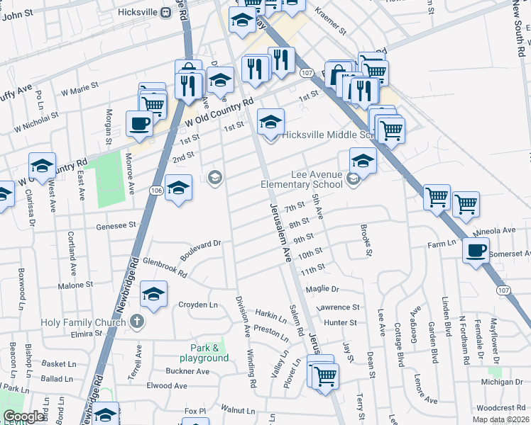 map of restaurants, bars, coffee shops, grocery stores, and more near 164 7th Street in Hicksville