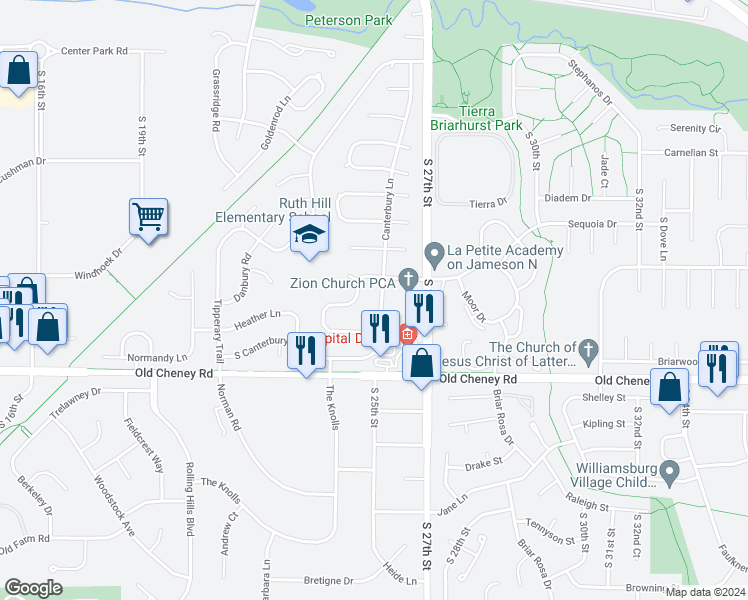 map of restaurants, bars, coffee shops, grocery stores, and more near 5521 Canterbury Lane in Lincoln