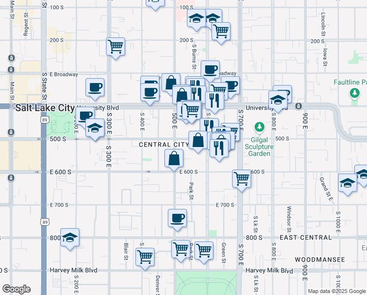 map of restaurants, bars, coffee shops, grocery stores, and more near 515 500 East in Salt Lake City