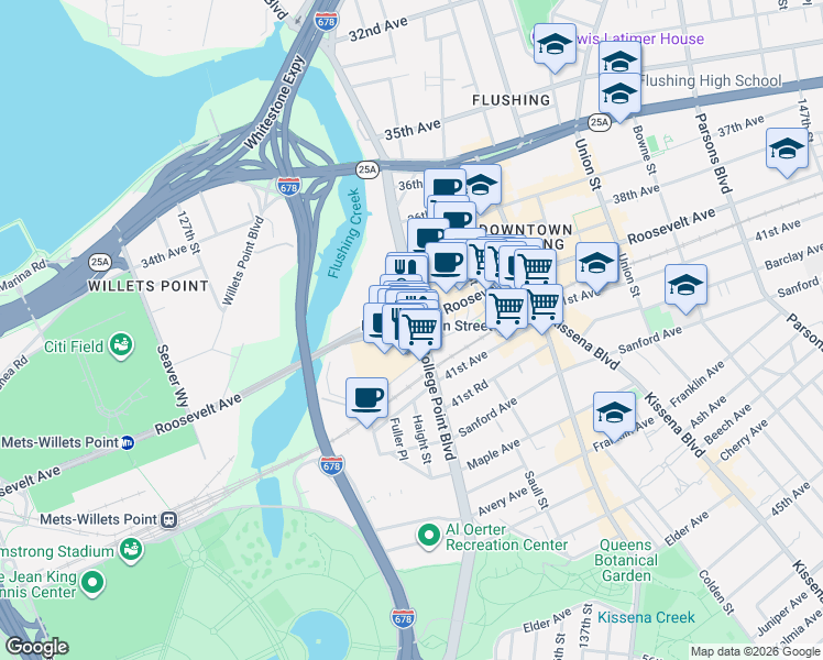 map of restaurants, bars, coffee shops, grocery stores, and more near 40-26 College Point Boulevard in Queens