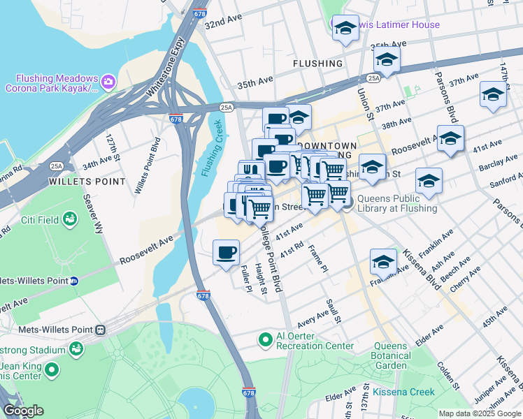 map of restaurants, bars, coffee shops, grocery stores, and more near 40-49 College Point Boulevard in Queens