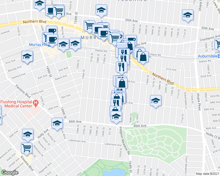 map of restaurants, bars, coffee shops, grocery stores, and more near 43-31 160th Street in Queens