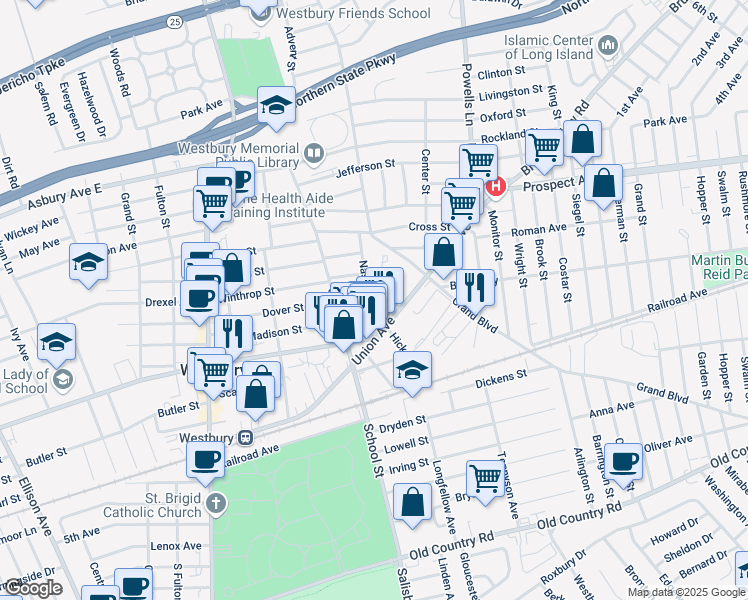 map of restaurants, bars, coffee shops, grocery stores, and more near 500 Dover Street in Westbury