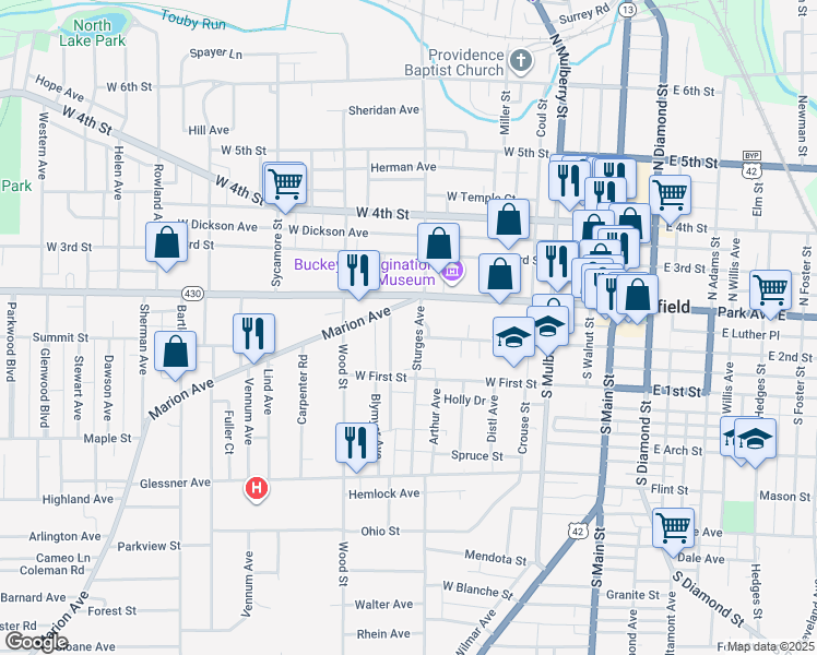 map of restaurants, bars, coffee shops, grocery stores, and more near 34 Sturges Avenue in Mansfield