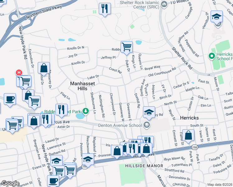 map of restaurants, bars, coffee shops, grocery stores, and more near 165 Greenway West in Manhasset Hills