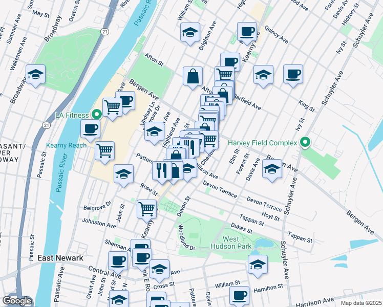 map of restaurants, bars, coffee shops, grocery stores, and more near 158 Maple Street in Kearny