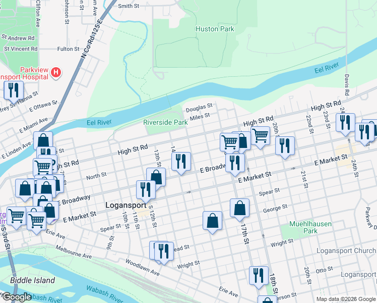 map of restaurants, bars, coffee shops, grocery stores, and more near 1414 North Street in Logansport