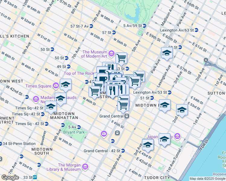 map of restaurants, bars, coffee shops, grocery stores, and more near 610 5th Avenue in New York