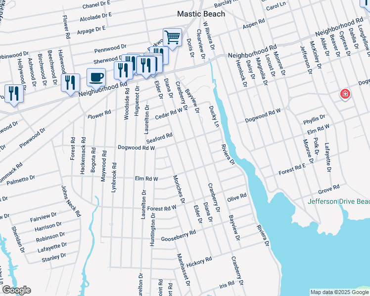 map of restaurants, bars, coffee shops, grocery stores, and more near 132 Diana Drive in Mastic Beach