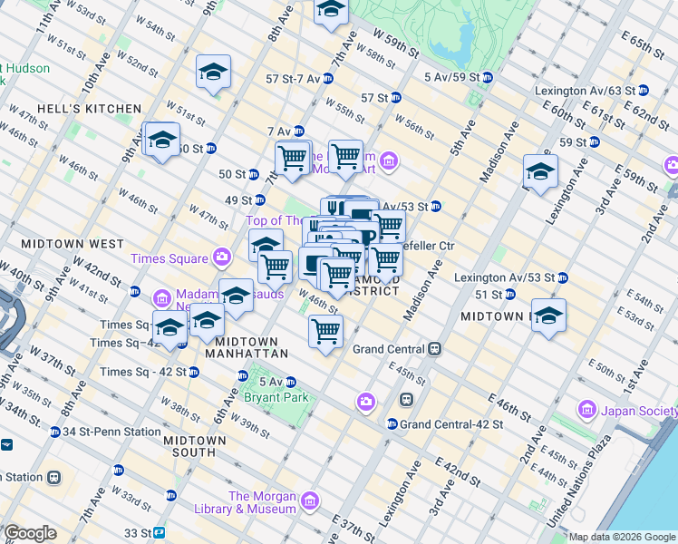 map of restaurants, bars, coffee shops, grocery stores, and more near 38w West 48th Street in New York
