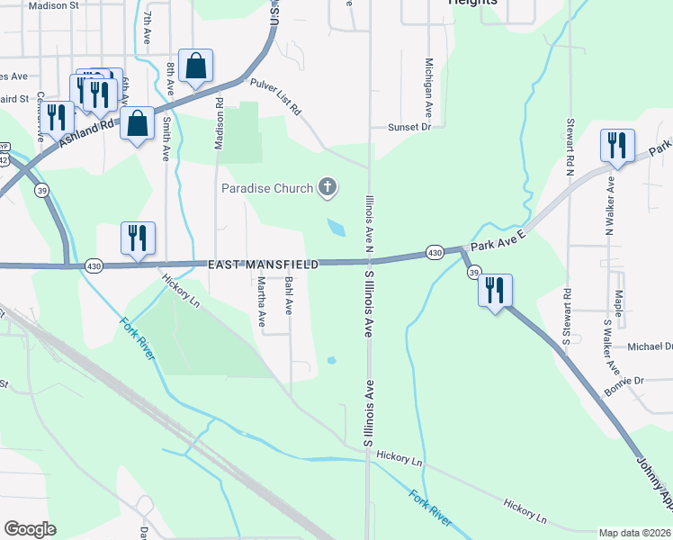 map of restaurants, bars, coffee shops, grocery stores, and more near 756-842 Lincoln Highway in Mansfield