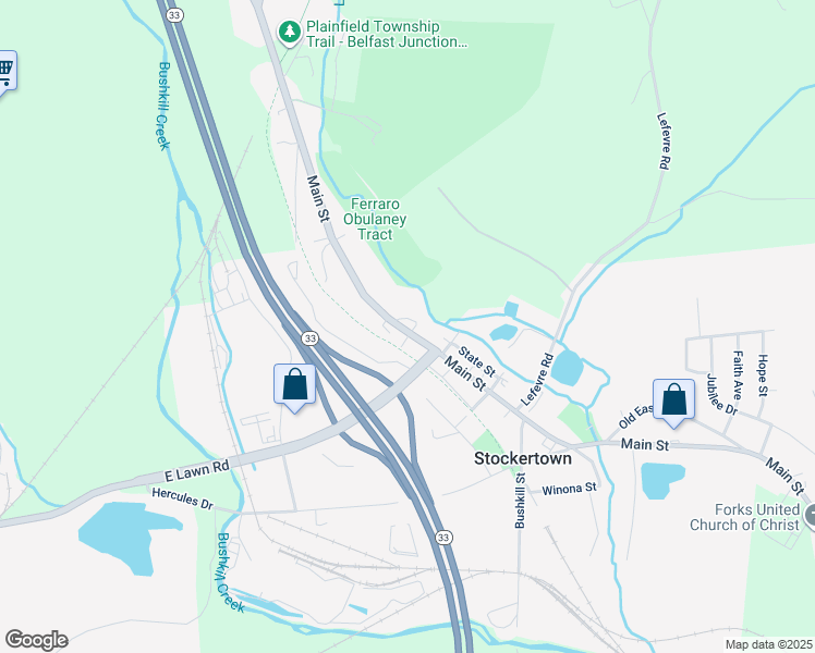map of restaurants, bars, coffee shops, grocery stores, and more near 427 Main Street in Easton