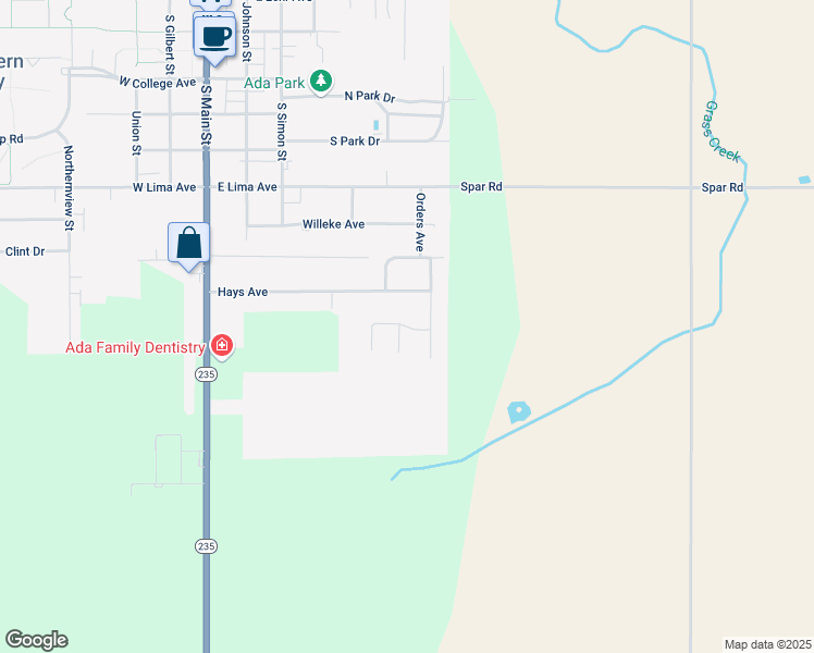 map of restaurants, bars, coffee shops, grocery stores, and more near Pampas Drive in Ada