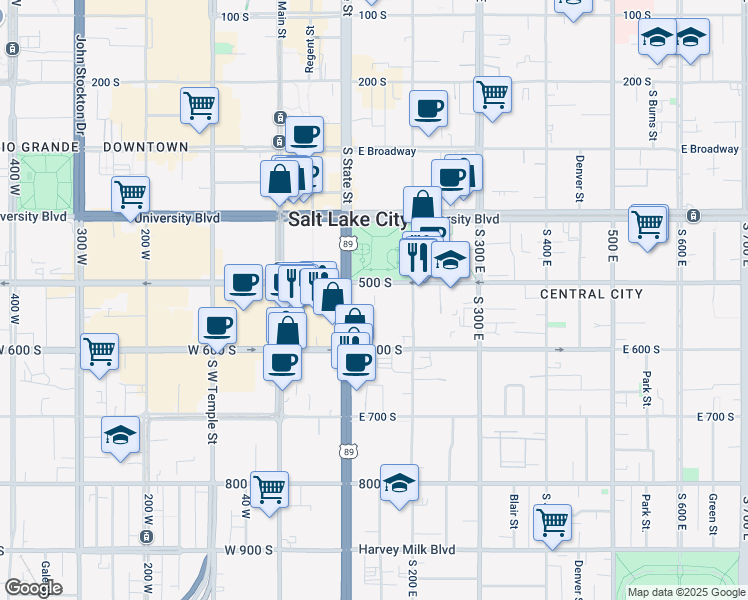 map of restaurants, bars, coffee shops, grocery stores, and more near 144 South 500 East in Salt Lake City