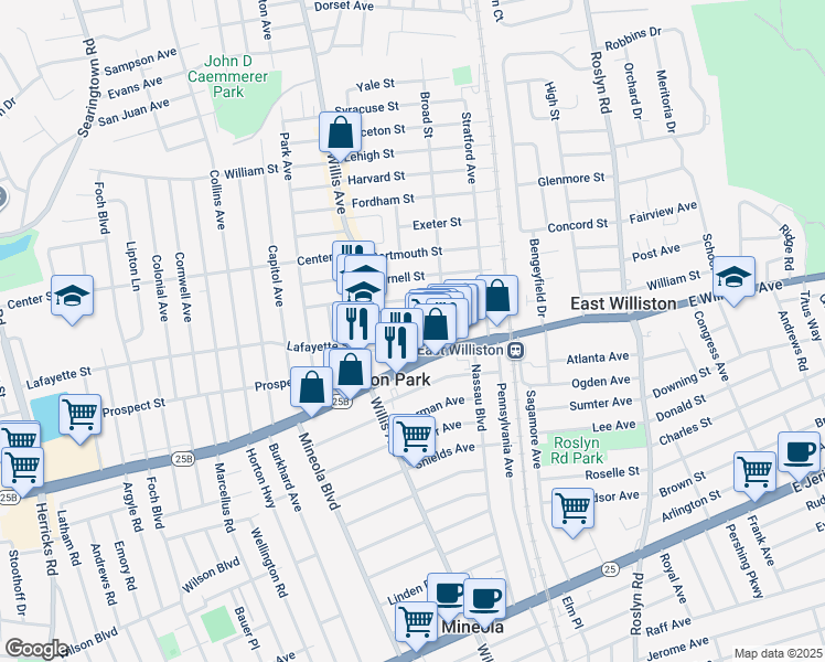 map of restaurants, bars, coffee shops, grocery stores, and more near 6 Cross Street in Williston Park
