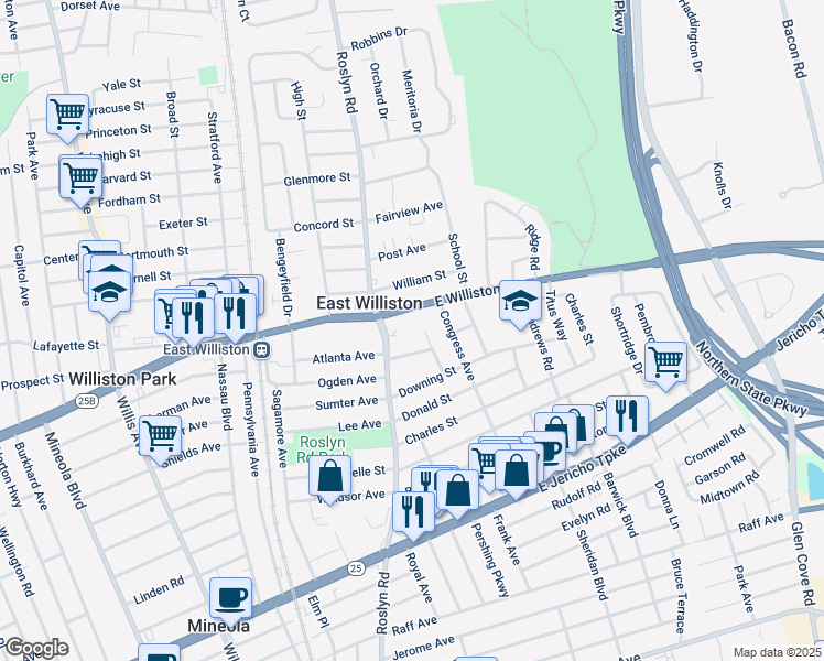 map of restaurants, bars, coffee shops, grocery stores, and more near 419 Latham Lane in East Williston