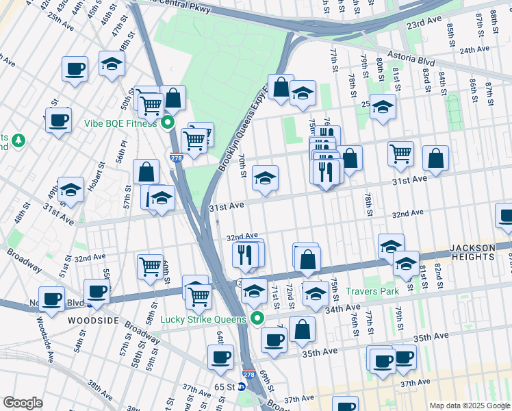 map of restaurants, bars, coffee shops, grocery stores, and more near 70-12 31st Avenue in Queens