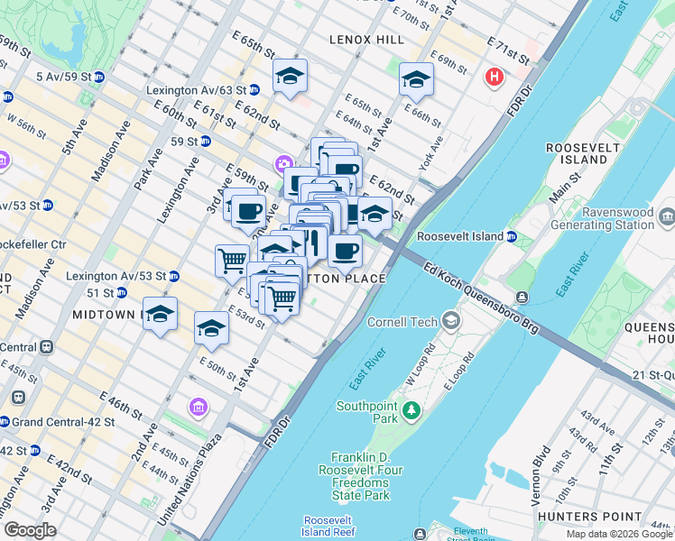 map of restaurants, bars, coffee shops, grocery stores, and more near 431 East 57th Street in New York